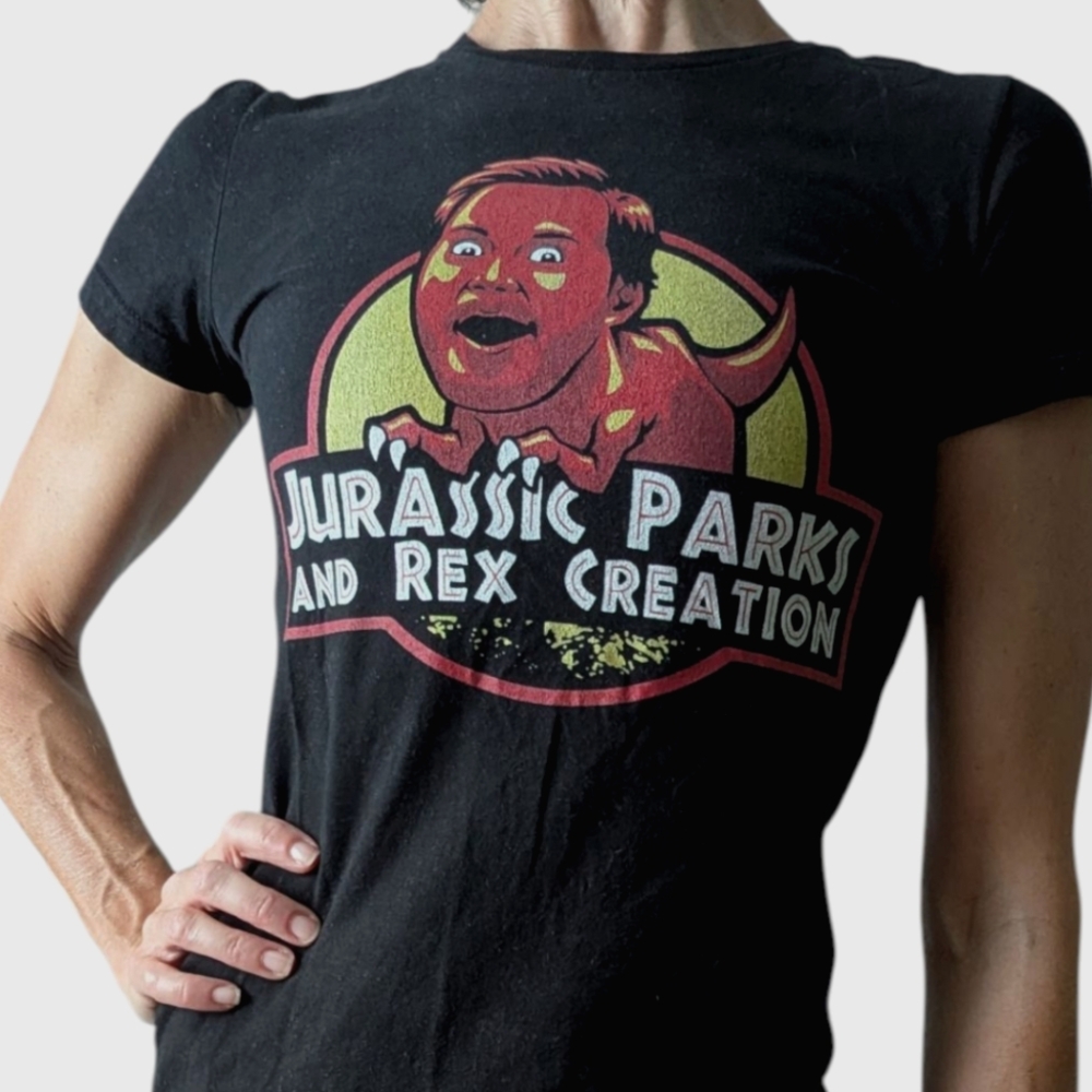 TeeFury Jurassic Parks & Rex Creation Black Babydoll T-Shirt Juniors Small